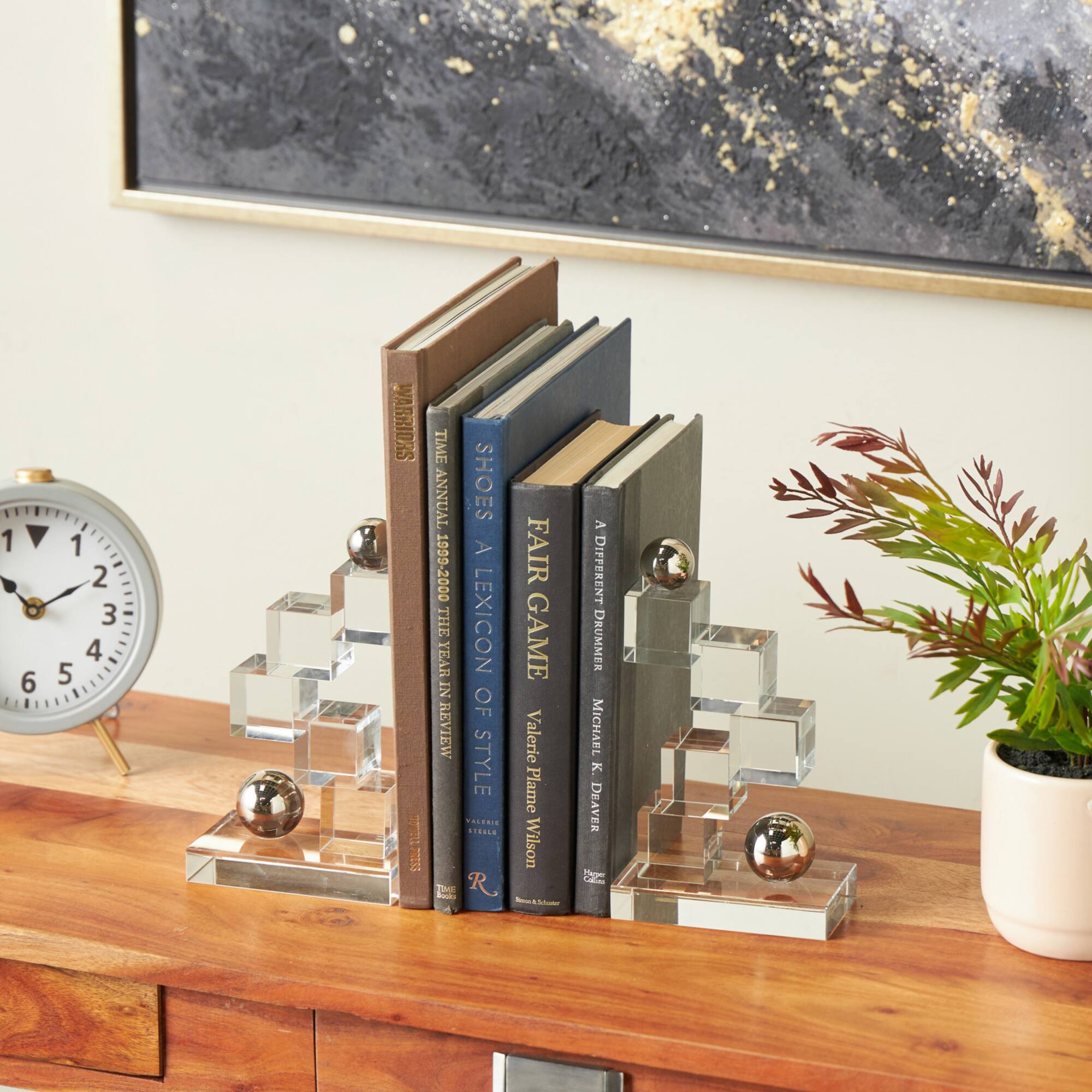 8.25" Clear Glass Stacked Squares Bookends with Silver Orbs, 2ct.